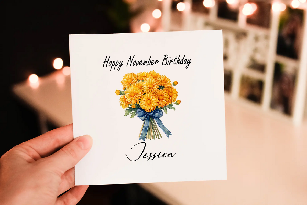 Cerdyn Pen-blwydd Blodau Chrysanthemum – Tachwedd
