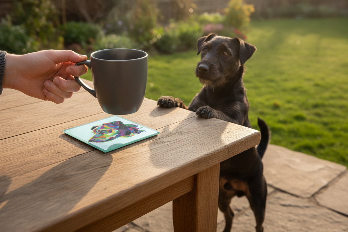 Matiau Diod Gwydr Ci Patterdale Terrier gyda mwg mewn golygfa o ddefnydd