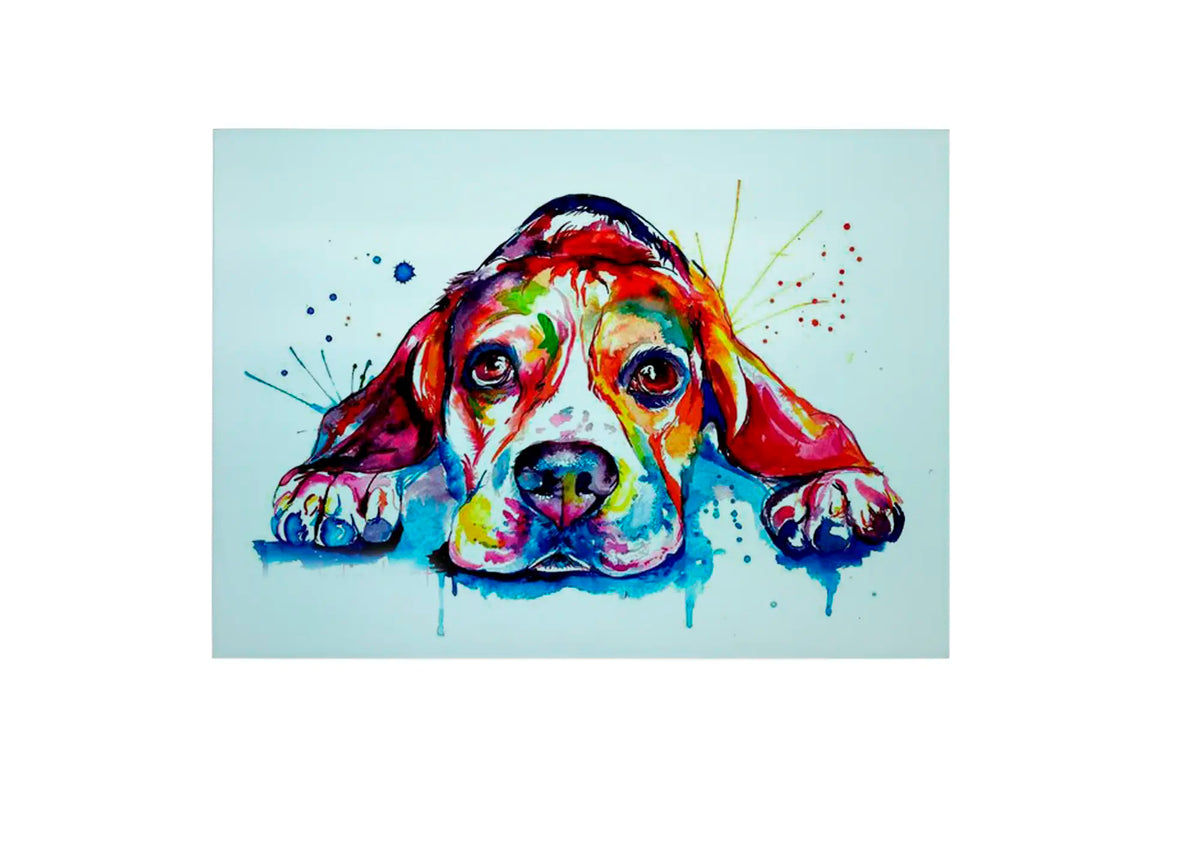 Bwrdd Torri Gwydr Ci Beagle, yn dangos y dyluniad printiedig