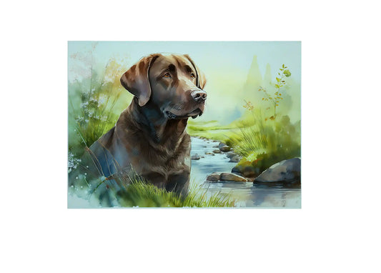 Bwrdd Torri Gwydr Ci Labrador Siocled, yn dangos y dyluniad printiedig