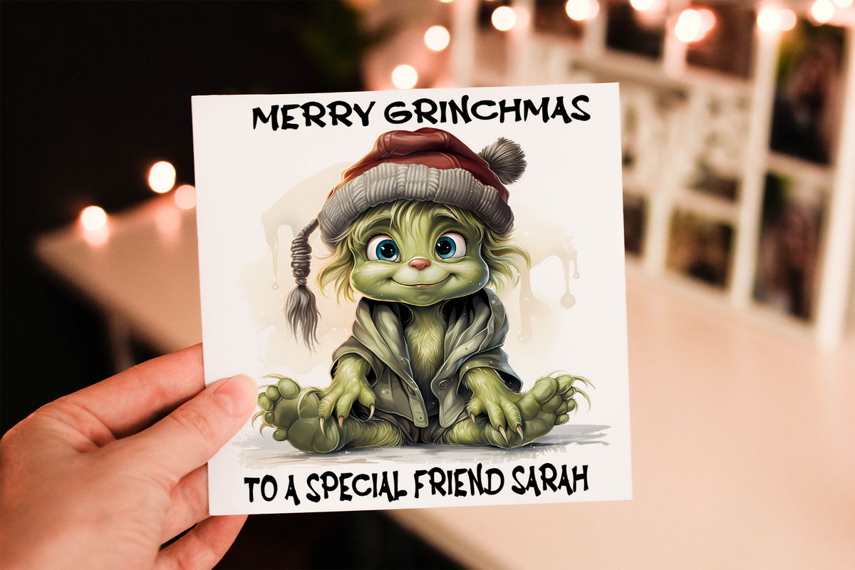 Cerdyn Nadolig Grinch Personol – enghraifft o'r dyluniad personol