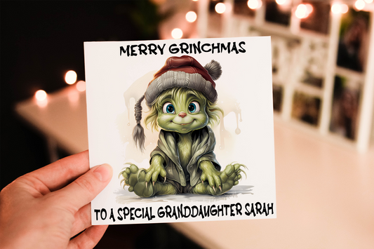 Cerdyn Nadolig Grinch Personol – enghraifft o'r dyluniad personol