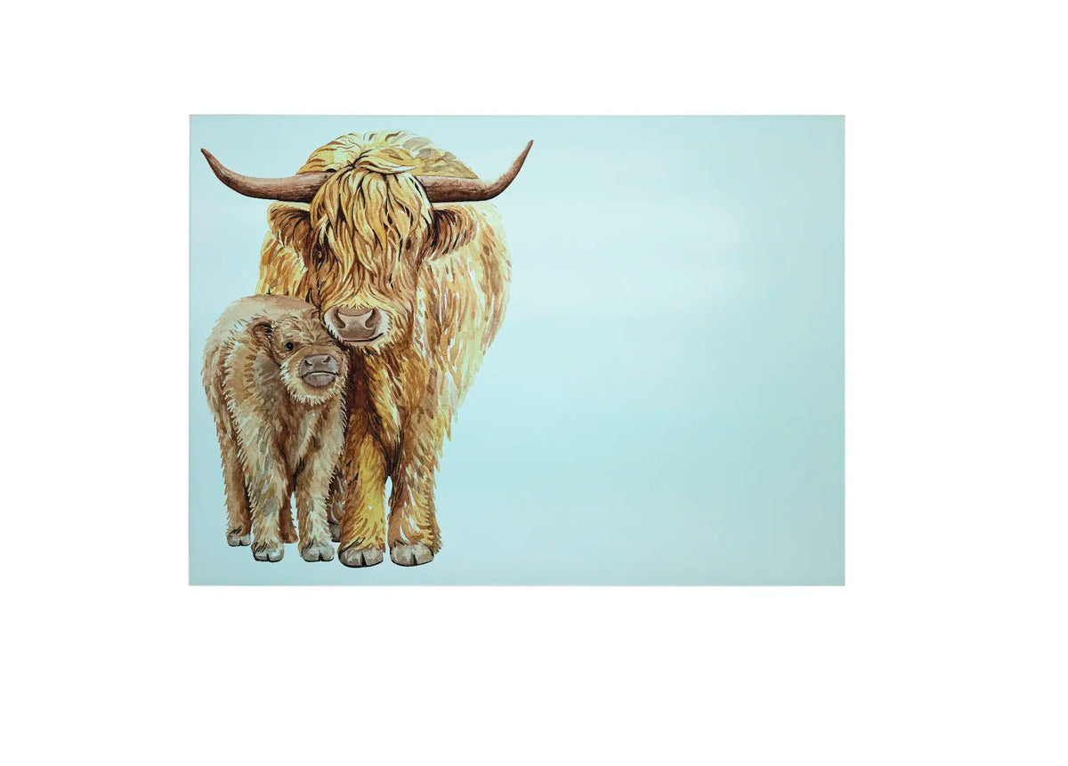 Bwrdd Torri Gwydr Buwch yr Ucheldir a'i Llo, yn dangos y dyluniad printiedig