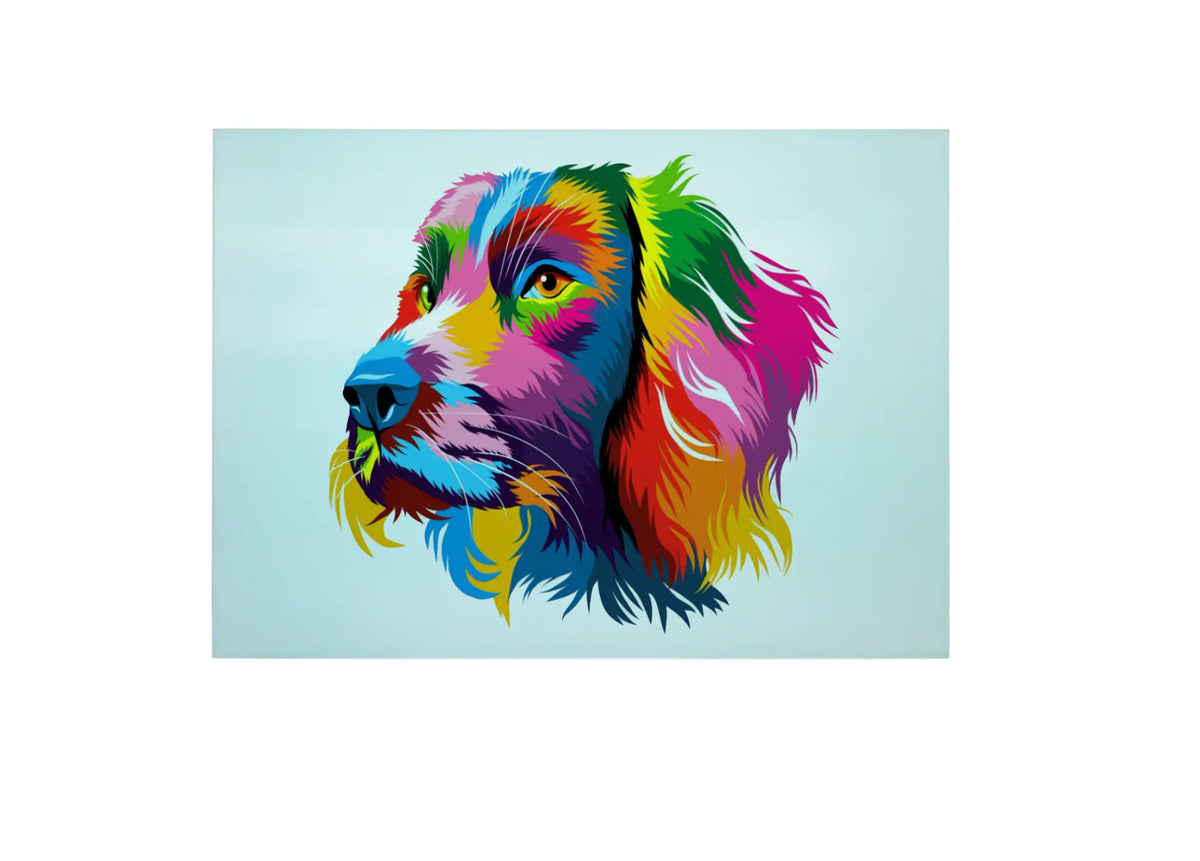 Bwrdd Torri Gwydr Portread Ci Spaniel Enfys, yn dangos y dyluniad printiedig