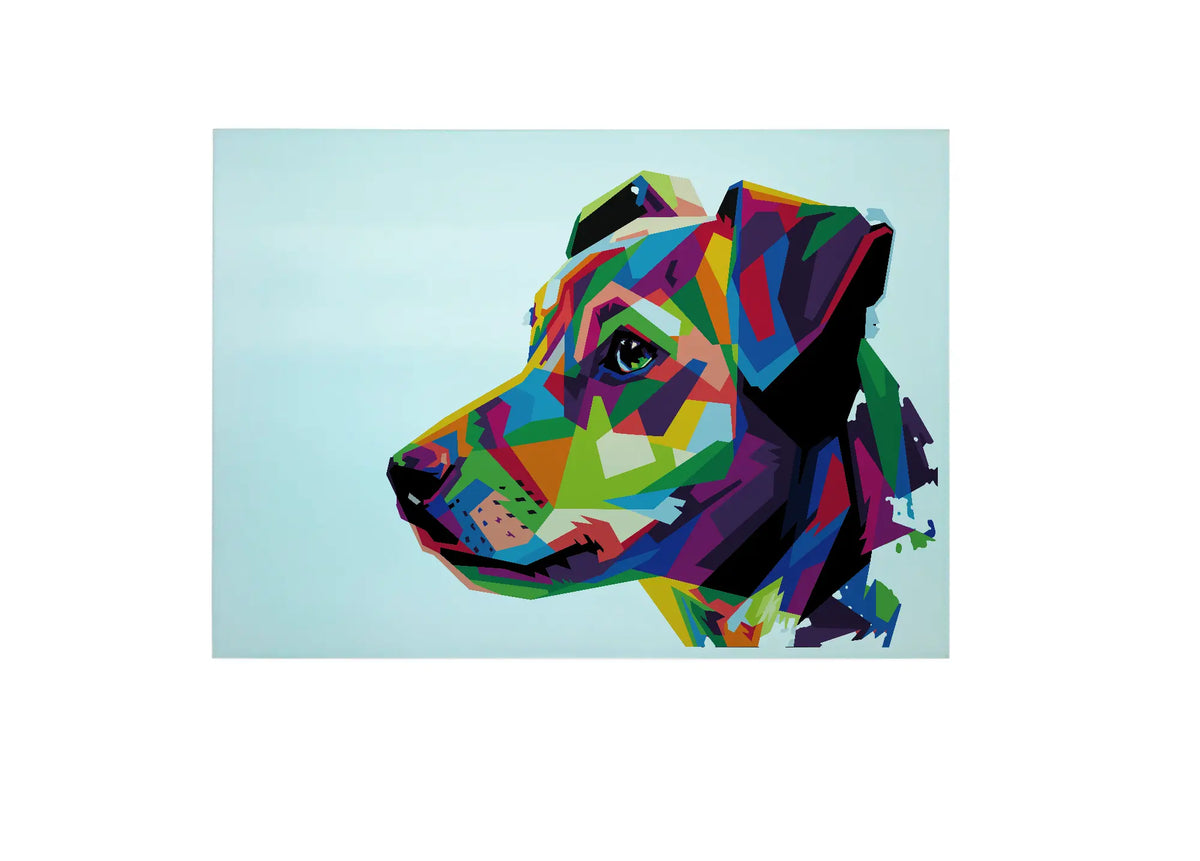Bwrdd Torri Gwydr Ci Patterdale Terrier, yn dangos y dyluniad printiedig