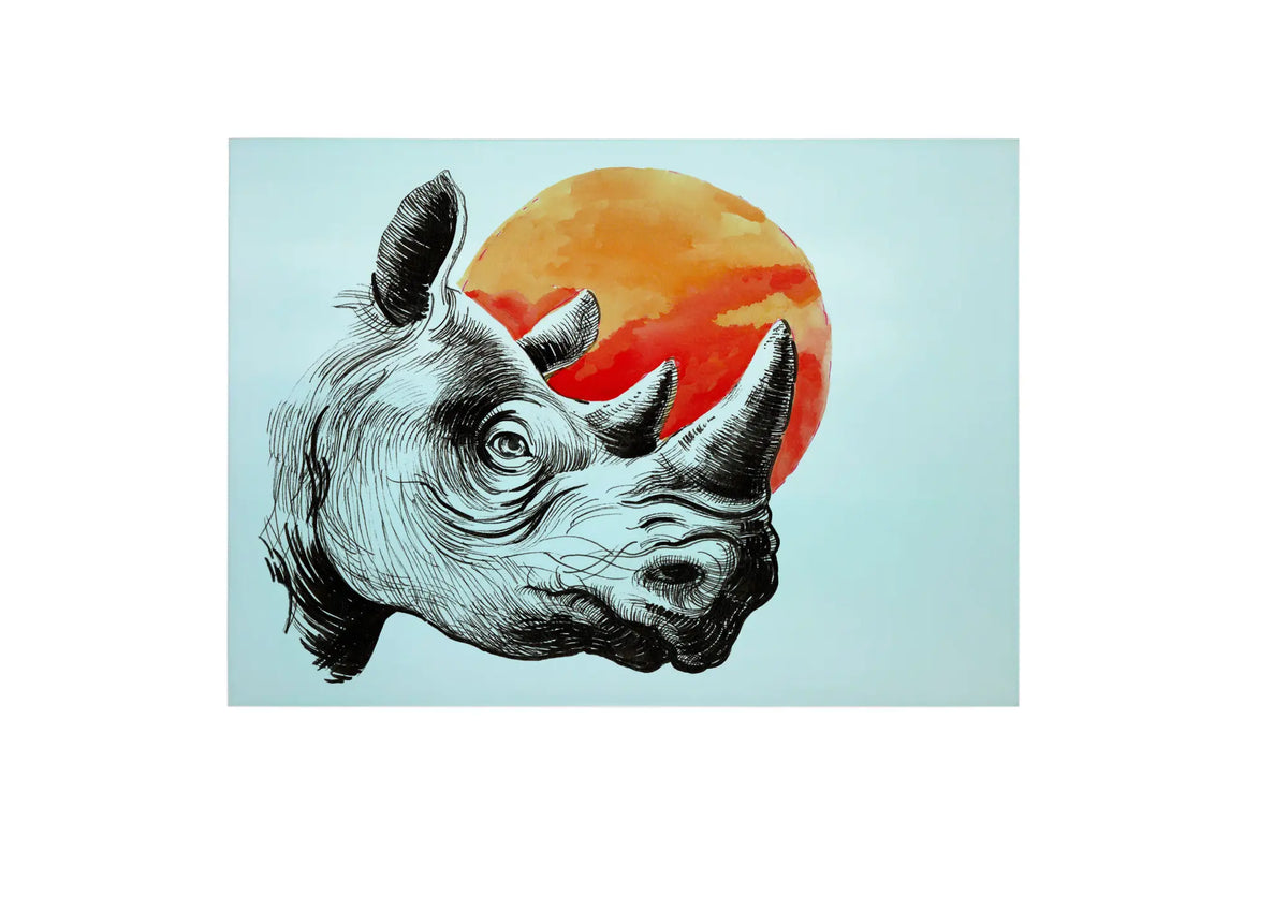 Bwrdd Torri Gwydr Rhinoseros, yn dangos y dyluniad printiedig
