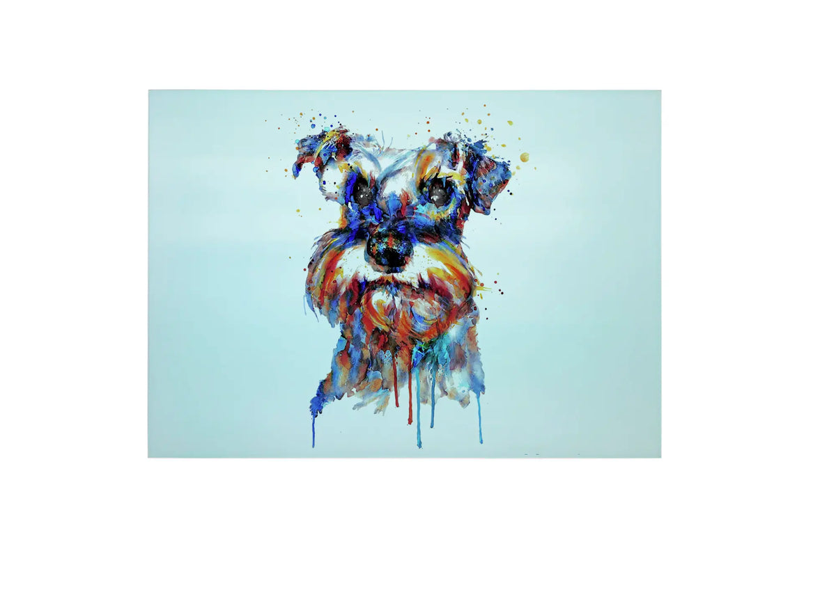 Bwrdd Torri Gwydr Ci Schnauzer, yn dangos y dyluniad printiedig