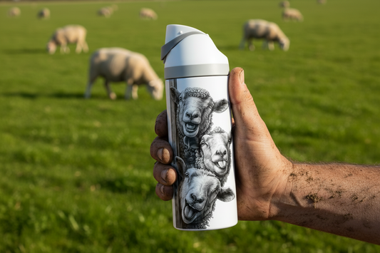 Potel thermol 720ml gyda dyluniad dafad yn sbecian mewn golygfa sy'n cyd-fynd â'r gwaith celf