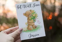 Teddy bear with flowers Get Well Soon greeting card