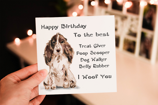 Cerdyn Pen-blwydd Cocker Spaniel – I Woof You