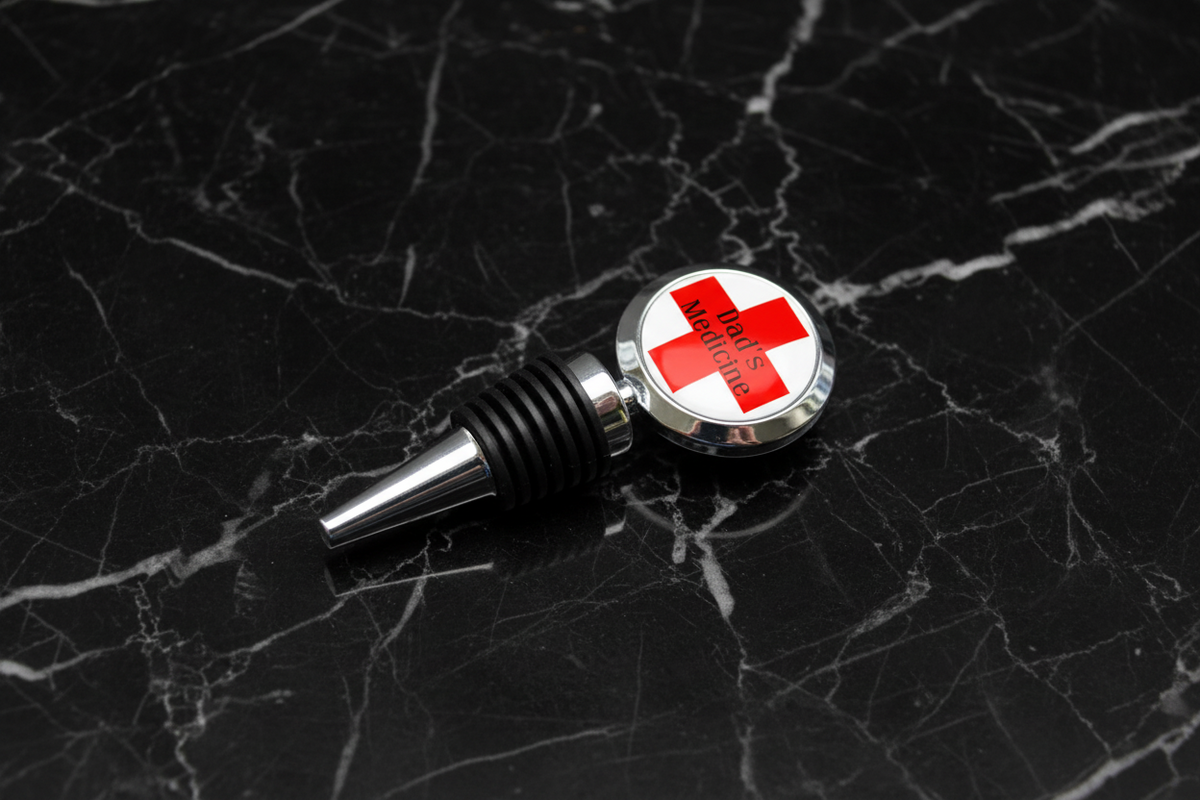 Stopiwr Potel 'Dad’s Medicine' ar gefndir marmor du