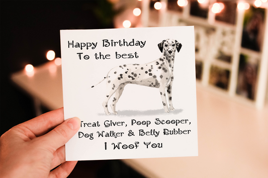 Cerdyn Pen-blwydd Dalmatian – I Woof You