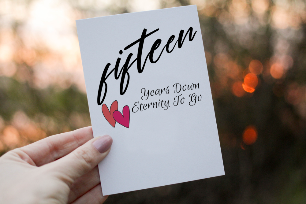 Cerdyn Pen-blwydd Priodas – Years Down, Eternity to Go – enghraifft o'r dyluniad personol