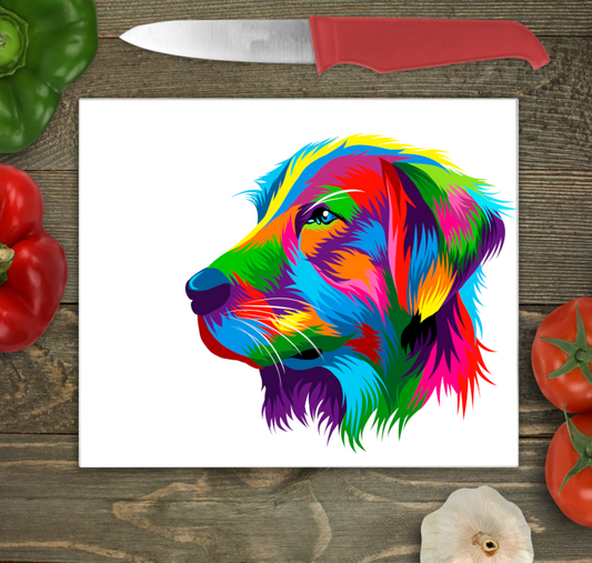 Bwrdd Torri Gwydr Portread Ci Golden Retriever Lliwgar ar wyneb gwaith cegin