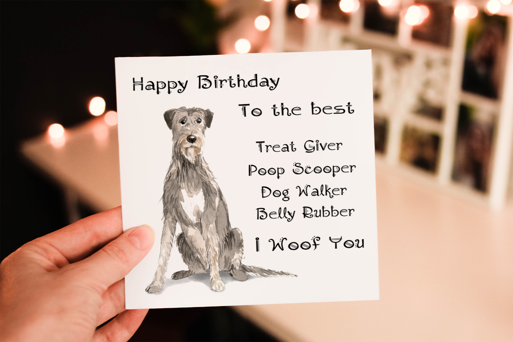 Cerdyn Pen-blwydd Irish Wolfhound – I Woof You