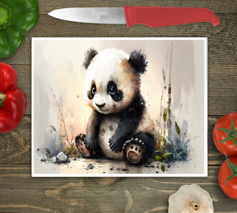 Bwrdd Torri Gwydr Panda Bach ar wyneb gwaith cegin