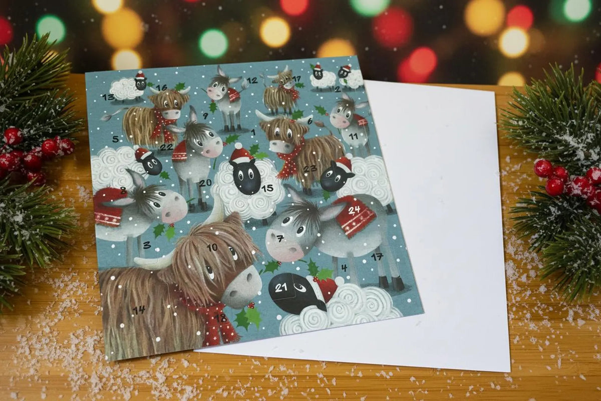 Farm Animal Christmas Advent Calendar Card, Festive Countdown, 24 Windows, Artist Tim Mason Farm Animal Christmas Advent Calendar Card, Festive Countdown, 24 Windows, Artist Tim Mason