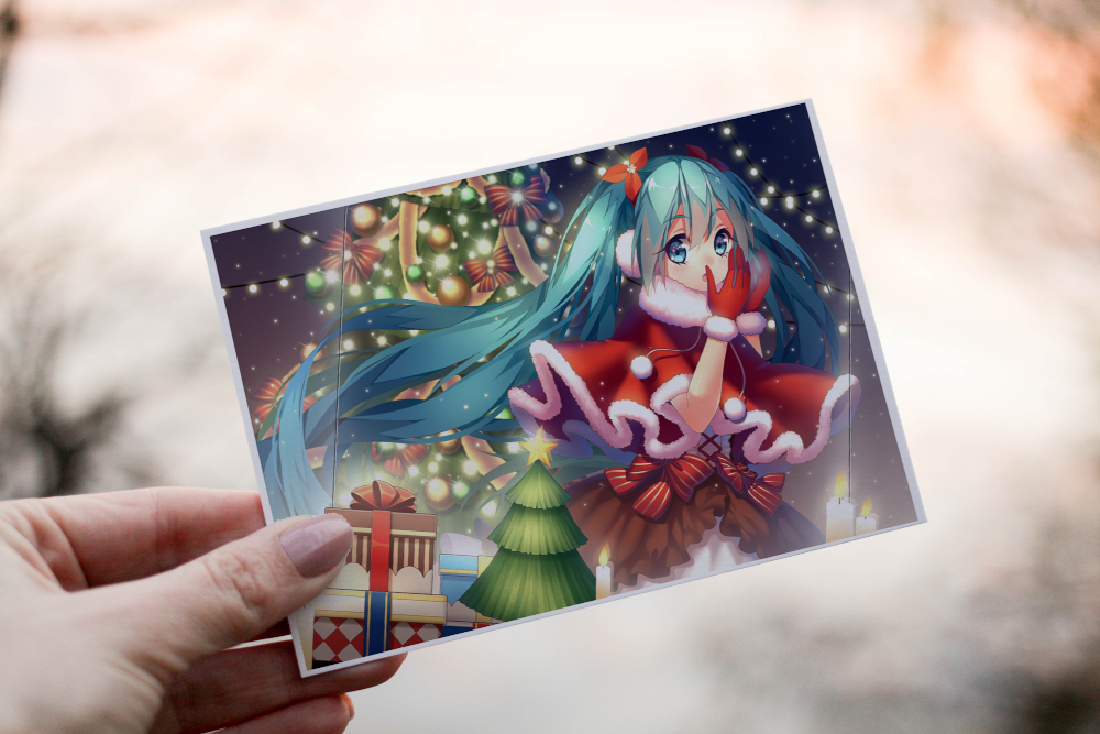 Cerdyn Nadolig Anime – Merch â Gwallt Glas