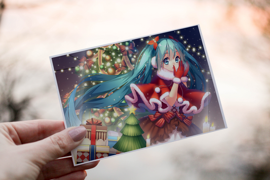 Cerdyn Nadolig Anime – Merch â Gwallt Glas