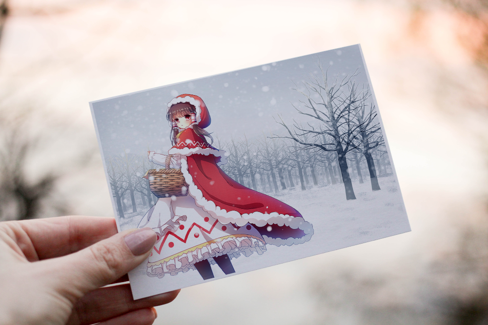 Cerdyn Nadolig Anime – Merch mewn Coedwig Eira