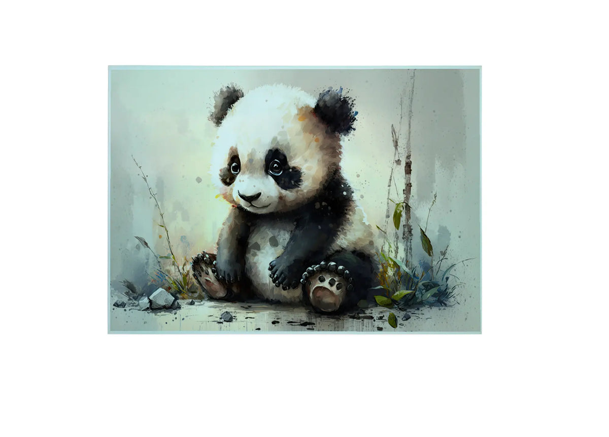 Bwrdd Torri Gwydr Panda Bach, yn dangos y dyluniad printiedig