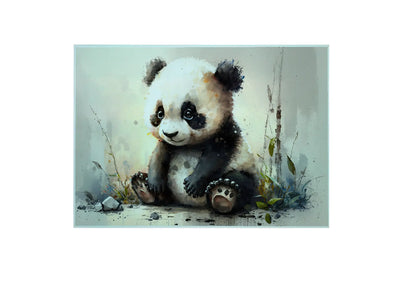 Bwrdd Torri Gwydr Panda Bach, yn dangos y dyluniad printiedig