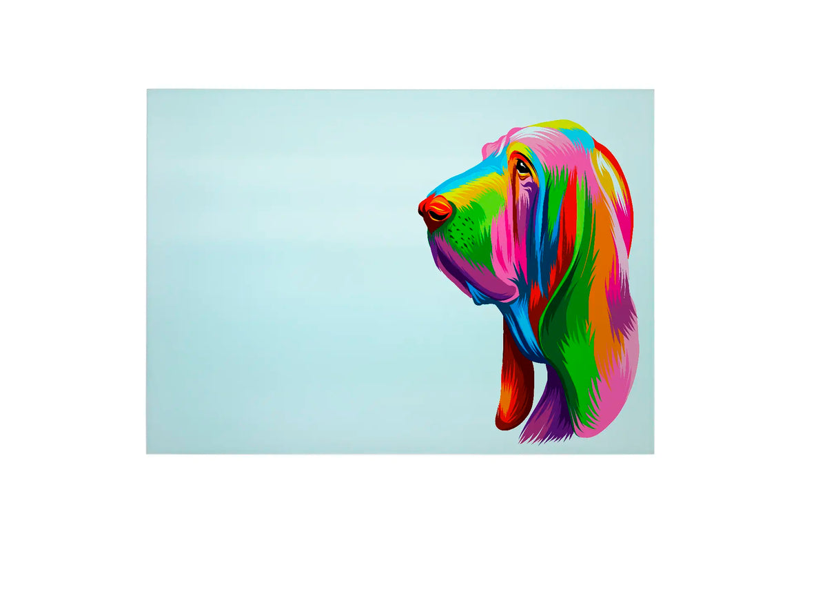 Bwrdd Torri Gwydr Ci Basset Hound, yn dangos y dyluniad printiedig