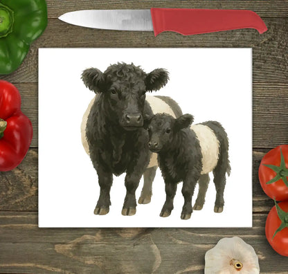 Bwrdd Torri Gwydr Gwartheg Belted Galloway ar wyneb gwaith cegin