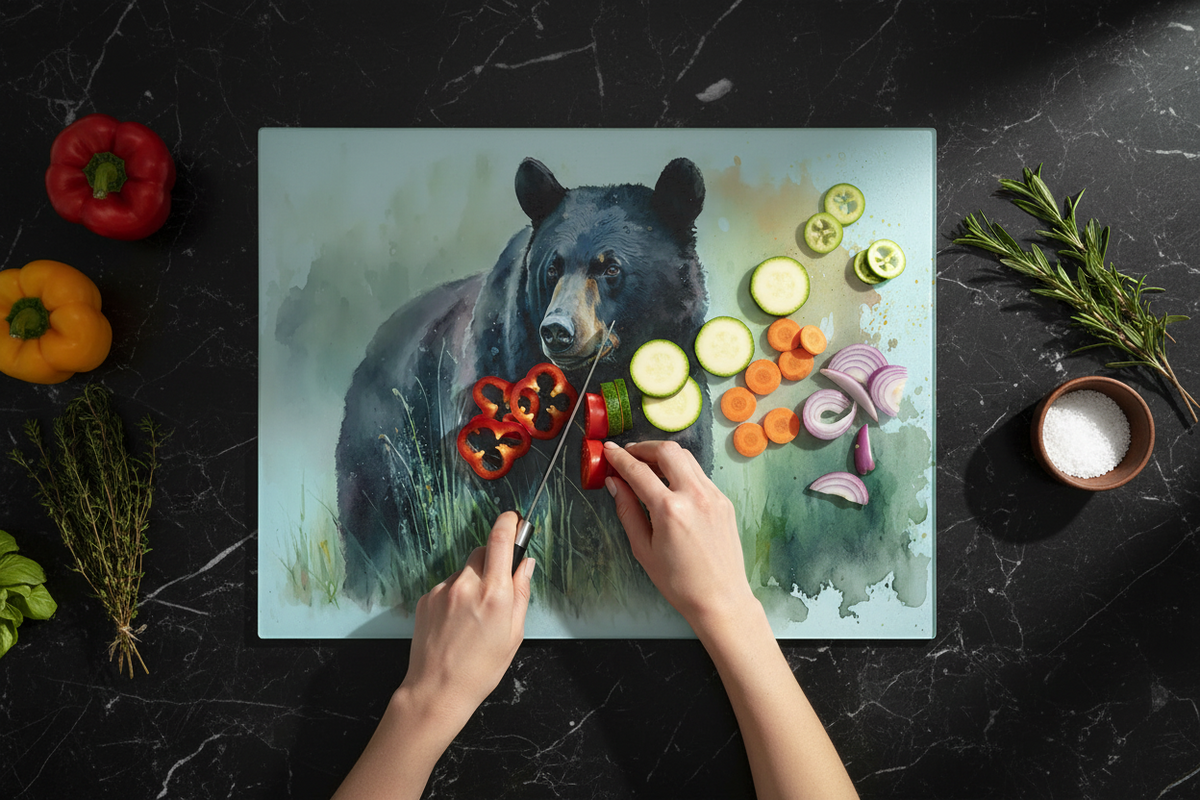Bwrdd Torri Gwydr Arth Ddu ar wyneb gwaith cegin gyda llysiau