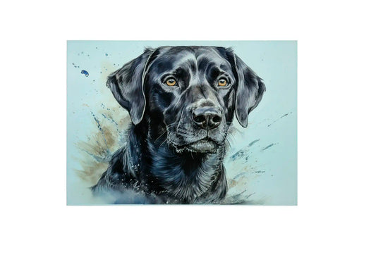 Bwrdd Torri Gwydr Ci Labrador Du, yn dangos y dyluniad printiedig