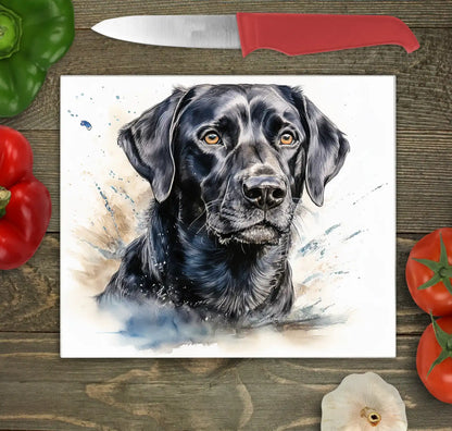 Bwrdd Torri Gwydr Ci Labrador Du ar wyneb gwaith cegin