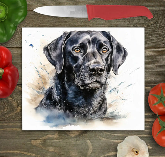 Bwrdd Torri Gwydr Ci Labrador Du ar wyneb gwaith cegin