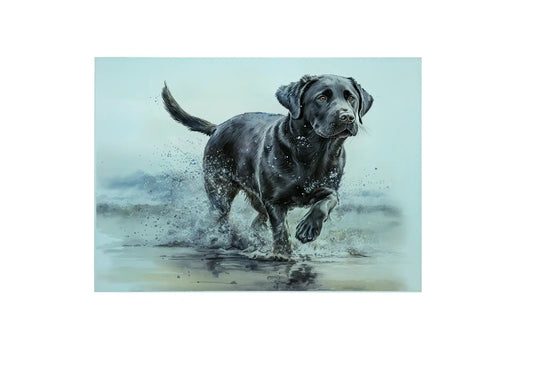 Bwrdd Torri Gwydr Ci Labrador Du yn Rhedeg, yn dangos y dyluniad printiedig