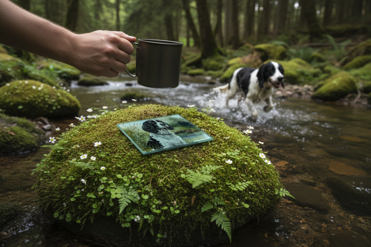 Matiau Diod Gwydr Ci Spaniel Du a Gwyn gyda mwg mewn golygfa o ddefnydd