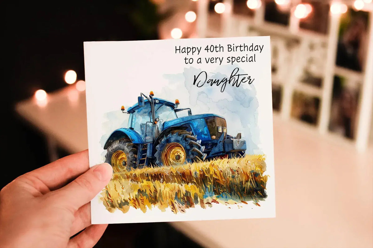 Cerdyn Pen-blwydd Tractor Glas i Ferch