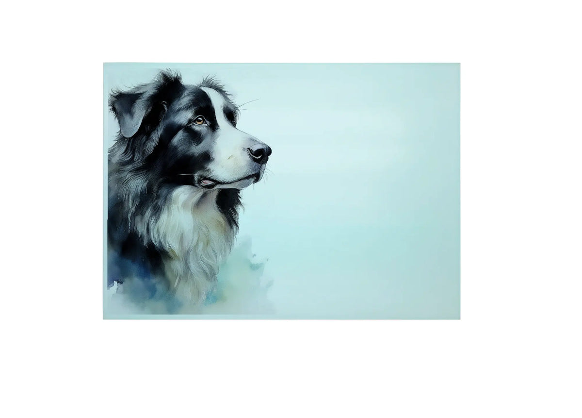 Bwrdd Torri Gwydr Ci Collie, yn dangos y dyluniad printiedig
