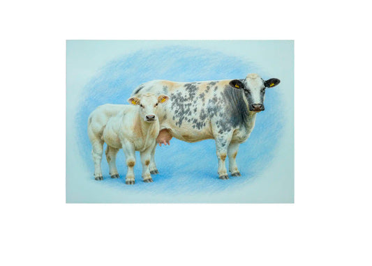 Bwrdd Torri Gwydr Gwartheg British Blue, yn dangos y dyluniad printiedig