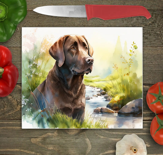 Bwrdd Torri Gwydr Ci Labrador Siocled ar wyneb gwaith cegin