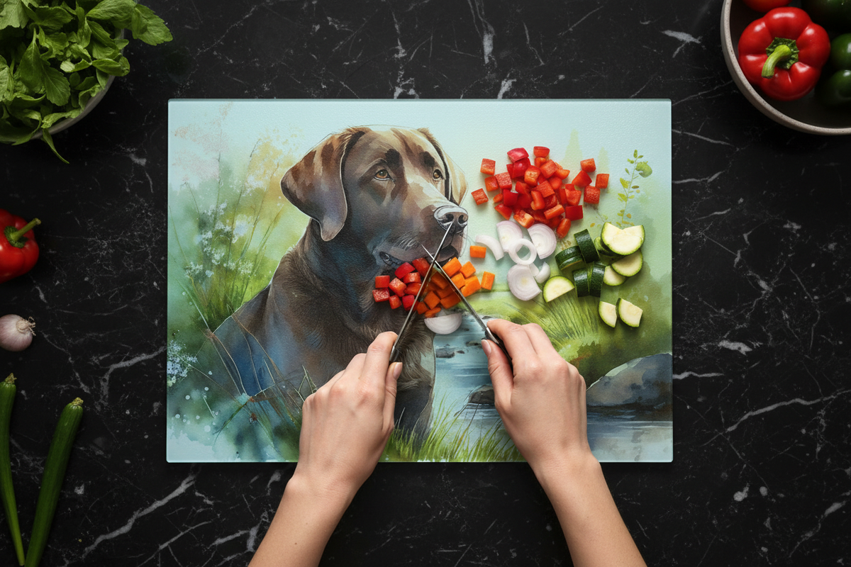 Bwrdd Torri Gwydr Ci Labrador Siocled ar wyneb gwaith cegin gyda llysiau
