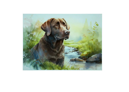 Bwrdd Torri Gwydr Ci Labrador Siocled, yn dangos y dyluniad printiedig