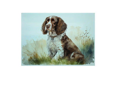 Bwrdd Torri Gwydr Ci Spaniel, yn dangos y dyluniad printiedig