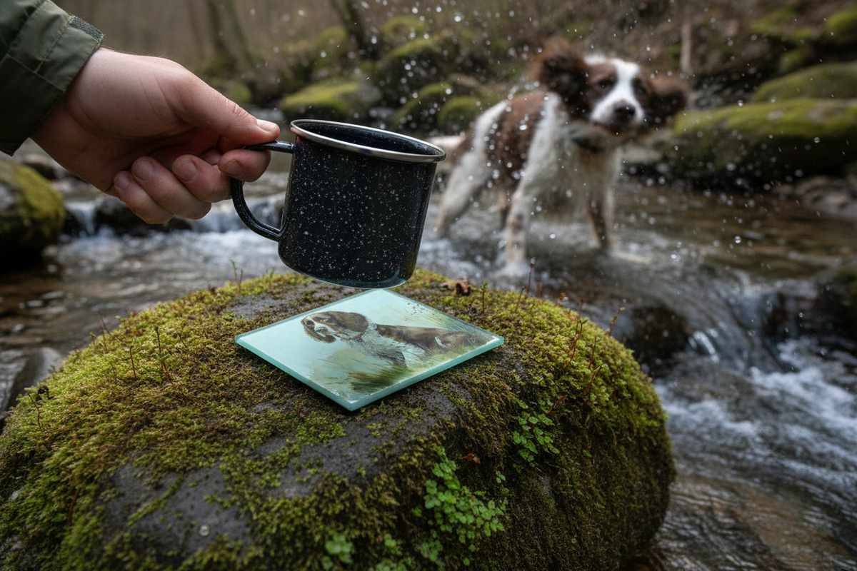 Matiau Diod Gwydr Ci Spaniel Brown a Gwyn gyda mwg mewn golygfa o ddefnydd