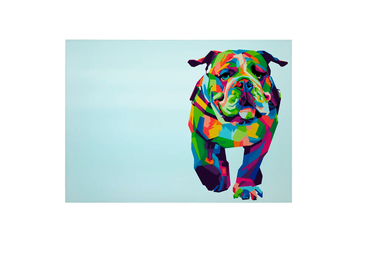 Bwrdd Torri Gwydr Ci Bulldog, yn dangos y dyluniad printiedig