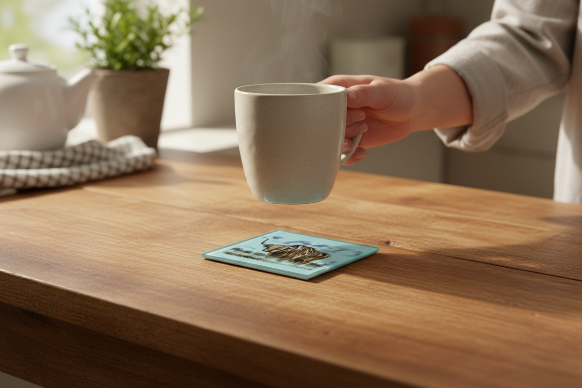 Matiau Diod Gwydr Buwch yr Ucheldir mewn Tirwedd Niwlog gyda mwg mewn golygfa o ddefnydd