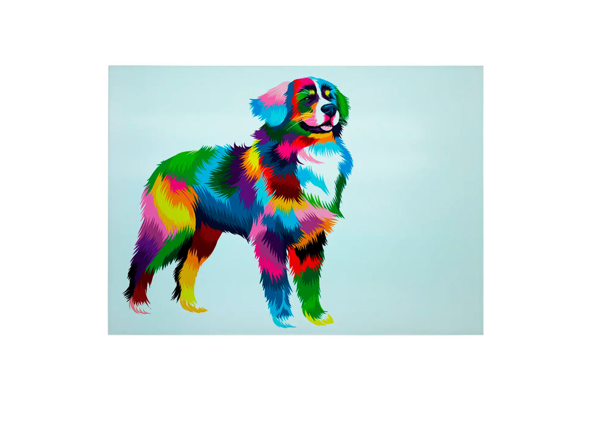 Bwrdd Torri Gwydr Ci Bernese Mountain Dog, yn dangos y dyluniad printiedig
