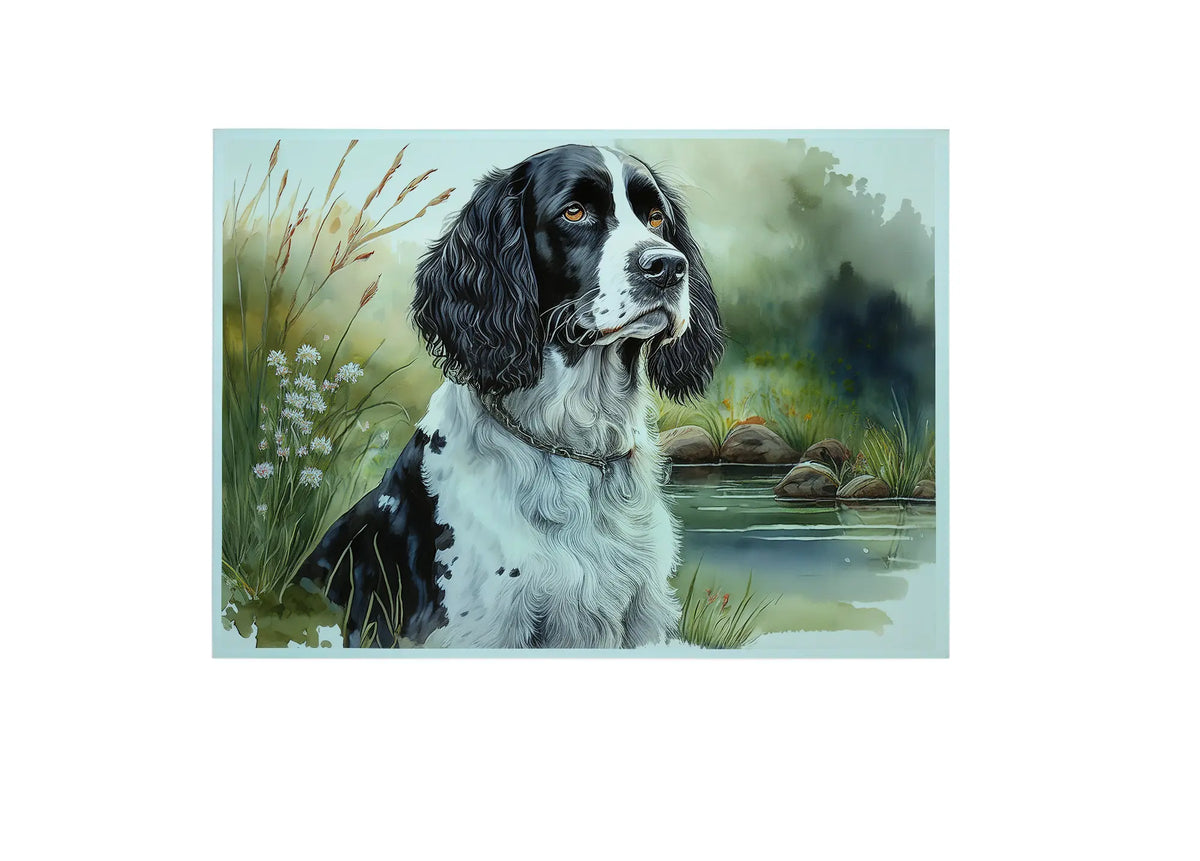 Bwrdd Torri Gwydr Ci Spaniel Du a Gwyn, yn dangos y dyluniad printiedig