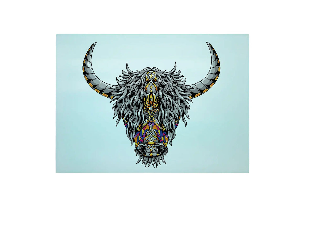 Bwrdd Torri Gwydr Buwch yr Ucheldir Chakra, yn dangos y dyluniad printiedig