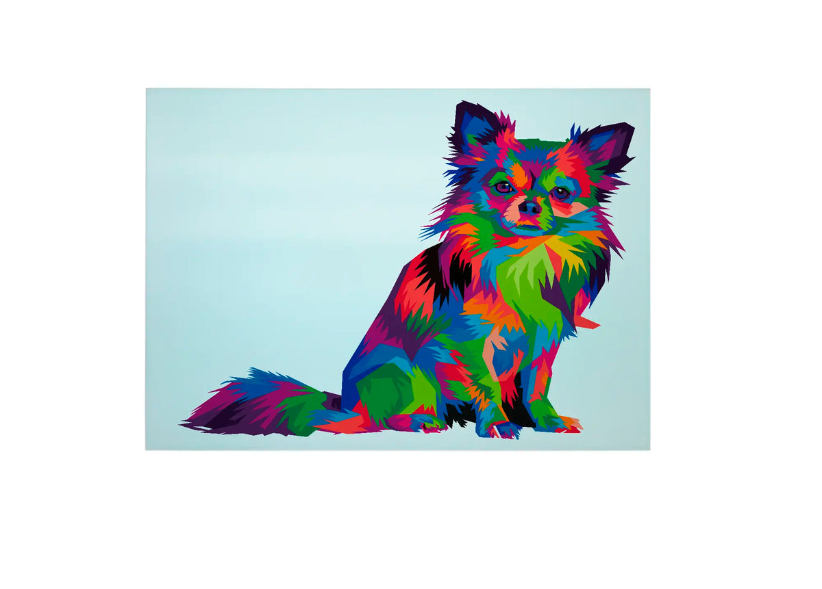 Bwrdd Torri Gwydr Ci Chihuahua, yn dangos y dyluniad printiedig