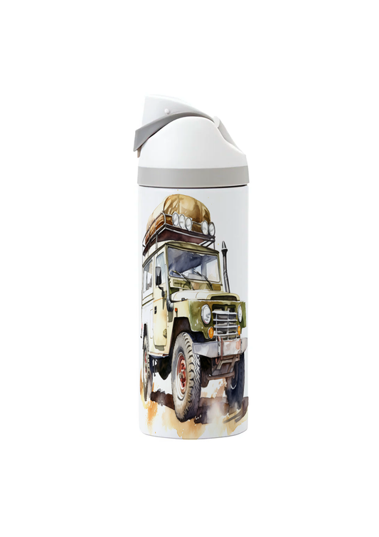 Potel thermol 720ml gyda dyluniad cerbyd 4x4 clasurol wedi'i argraffu o amgylch y botel