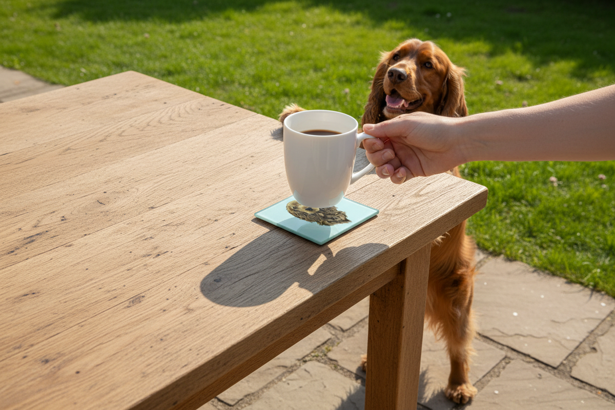 Matiau Diod Gwydr Ci Cocker Spaniel gyda mwg mewn golygfa o ddefnydd